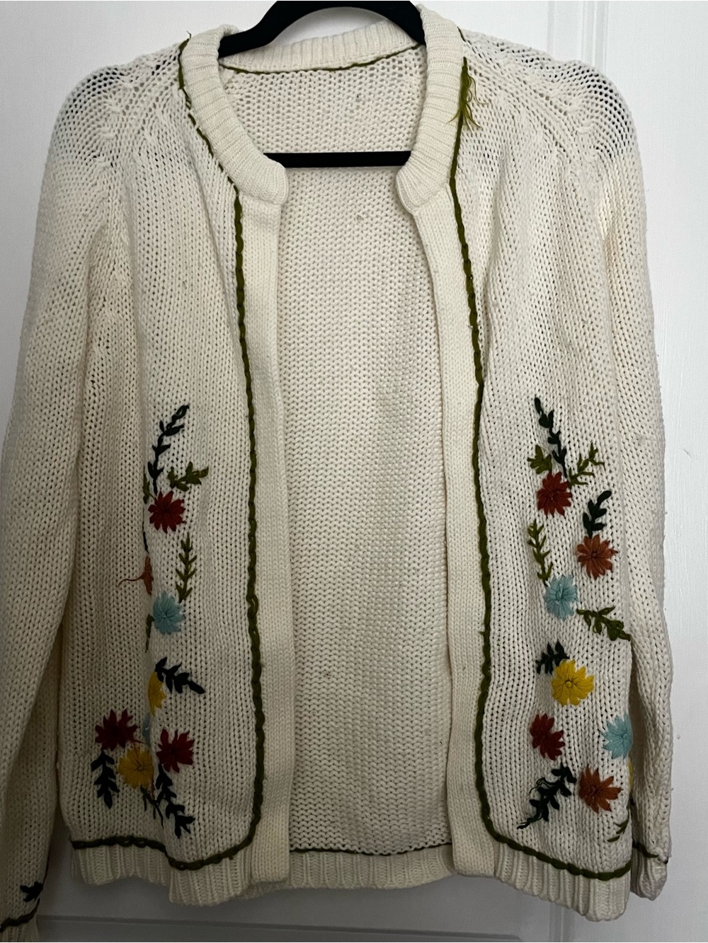 Cream Floral Embroidered Open Cardigan with Green Trim